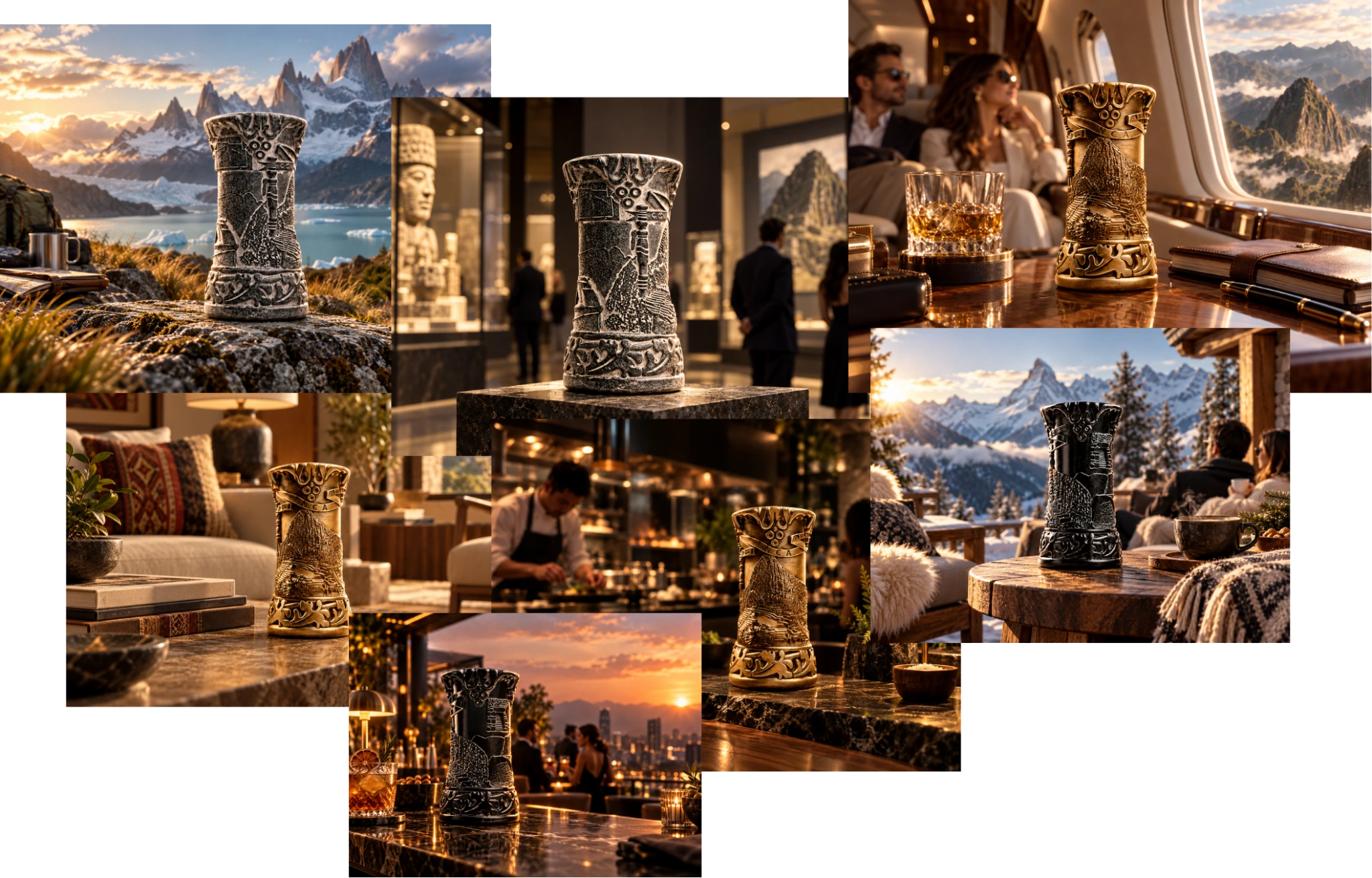 Collage de RELIC. Machu Picchu en distintos entornos premium: hogar, viaje, galería, hotel y experiencias contemporáneas.